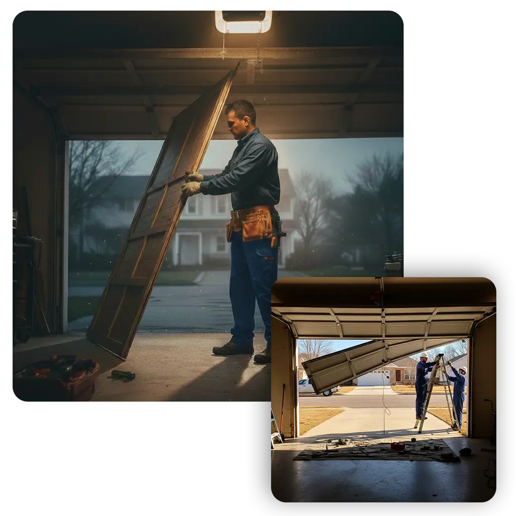 Professional garage door repair technician in Texas fixing a residential door, dark blue uniform, cinematic photography style.